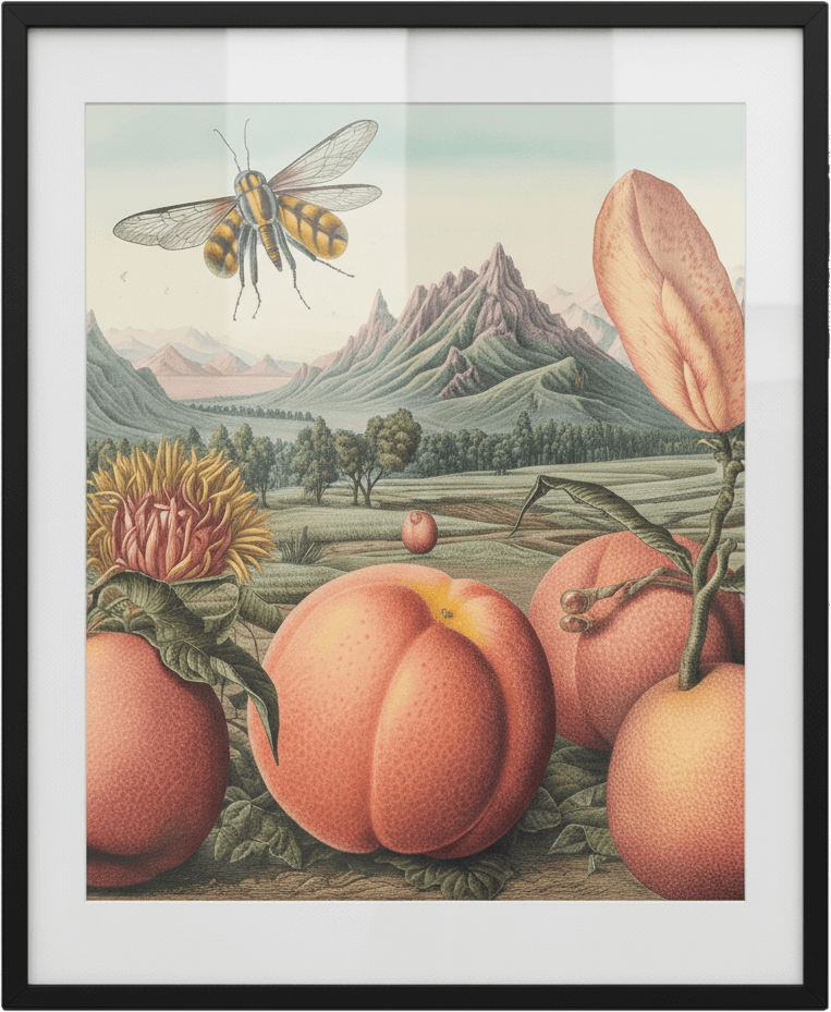 A surreal, planet-like peach floating over a landscape.