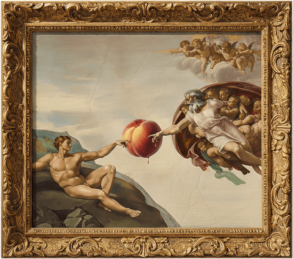 A whimsical botanical illustration of large peaches in a fantasy landscape.